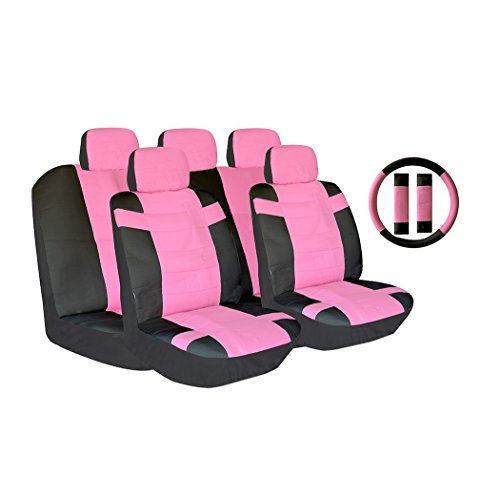Click Here to See More Images AutoSphere 124104-twotonescpink Black and Pink Universal Fit Luxury Two Tone Pu Synthetic Leather Seat Cover Set Accent