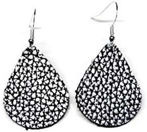 Handmade Silver Pebbled on Black Small Teardrop Leather Earrings