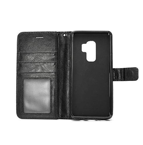 Samsung Galaxy S9 Plus Case, HLCT PU Leather Case, with Soft TPU Protective Bumper, Built-in Kickstand, Cash and Card Pockets (Black)