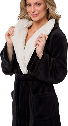 Silver Lilly Full Length Hooded Long Robe - Women's Luxury Plush Bathrobe w/Sherpa Trim Collar (Black, Small/Medium) - Thumbnail 4