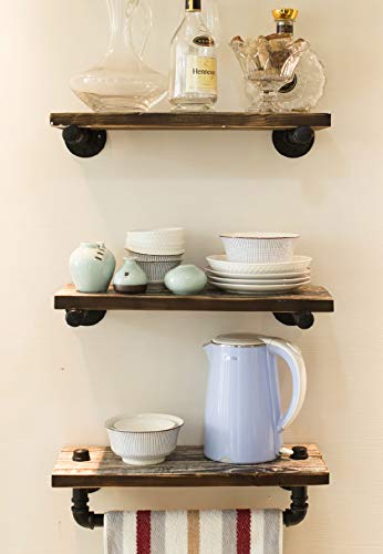 DOFURNILIM 3-Tier Industrial Retro Wall Mounted Iron Water Pipe Shelf/Bookcase/Shelving - Floating Shelf - Hung Bracket - DIY Storage Bookshelf - Height Adjustable Shelf - Wood Shelf