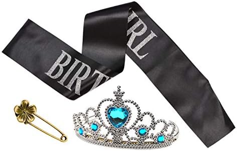 Yolito Birthday Girl Sash and Tiara, Black Satin Sash with Sparking Sliver Glitter, Light Blue Jewelry Tiara for All Ages , Party Favors