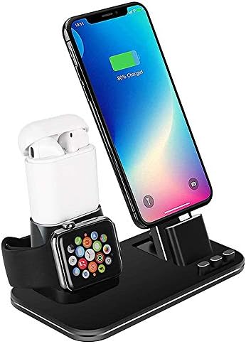 SJTS Charging Stand for Apple Phone Charging Dock for Airpods Charger Station for Apple Watch 4/3/2/1 3-IN-1 Aluminum Alloy Charging Bracket Charger Stand for iPhone X/XS/XS Max/XR/8/7/6/ 5/SE (Black)