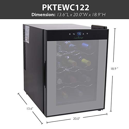NutriChef 12 Bottle Thermoelectric Red And White Wine Cooler/Chiller, Counter Top Wine Cellar with Digital Control, Freestanding Refrigerator, Smoked Glass Door, Quiet Operation Fridge