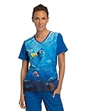 Tooniforms by Cherokee Women's V-Neck Knit Panel Finding Dory Print Scrub Top Small Print