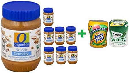 O Organics Organic Peanut Butter Spread No Stir Crunchy - 18 Oz (8 PACK)+ Fruity Chews Gum Watermelon 1/60 Count + Trident Go Cup Spearmint 1/60 Count (BUNDLE)