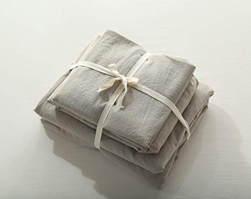FOSSA Washed Cotton Duvet Cover Set Queen 3 Piece Bedding Sets Soft Wrinkled Solid Design (Queen, Linen) - Thumbnail 6