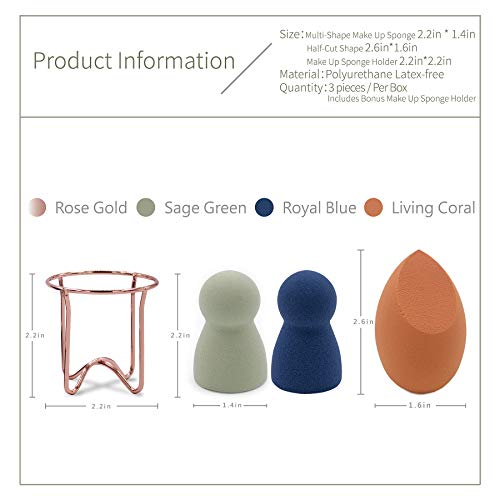 Makeup Blender Sponge 3 Pc Makeup Sponges Set + Beauty Blender Holder - Latex-Free Cosmetic Blending, for Liquid, Cream, Powder Foundation, Blush, Concealer - Flawless Application Makeup Sponge Puff