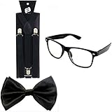 Enimay Suspender Bowtie Wayfarer Clear Glasses Nerd Costume Halloween Black