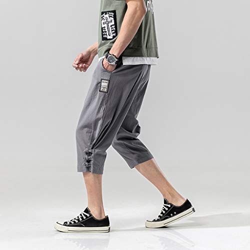 ZEFOTIM Pants for Men Fashion Summer Casual Solid Drawstring Cotton Linen 3/4 Pants Trousers(Gray,Medium)
