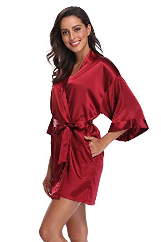 Women's Silky Bride Bridesmaid Kimono Robes Short Wedding Party Getting Ready Robe Dressing Gown with Gold Glitter, Bridesmaid Wine L - Thumbnail 3