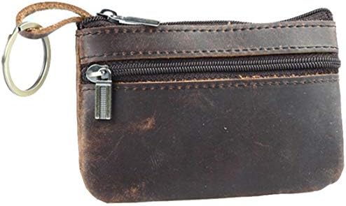 Men's Genuine Leather Coin Purse Mini Cash Wallet Change Card Holder with Brass Zipper Key Ring