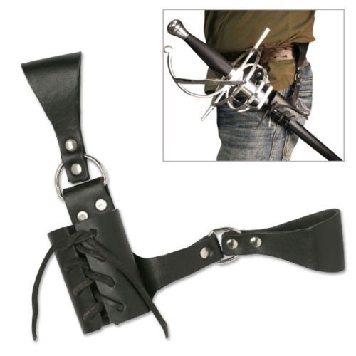 8" UNIVERSAL SWORD FROG Black Leather Sheath Scabbard Adjustable Baldric Belt
