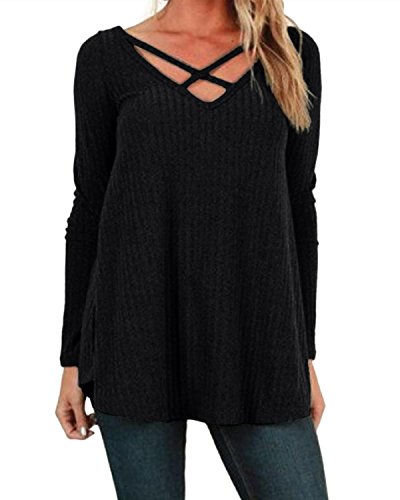 StyleDome Women's Long Sleeve Sweater Knit Pullover V Neck Loose Cross Front Blouse Tops
