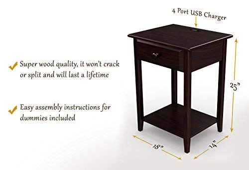 Stony-Edge Night Stand End Accent Table, with USB Port. Espresso. 17”