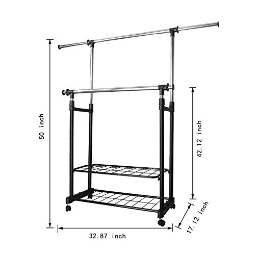 PowCube Adjustable Garment Rolling Double Rods Collapsible Clothing Rack with 2 Shelves, Large, Black