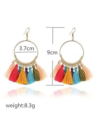 9 Pairs Tassel Hoop Earrings Bohemia Fan Colorful Drop Earrings Dangle Hook Eardrop for Women Girls Daily Party Bohemia Dress Accessory