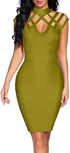 houstil Women's Bandage Dress Collared Hollow Out Bodycon Party Dress (XS, Olive)