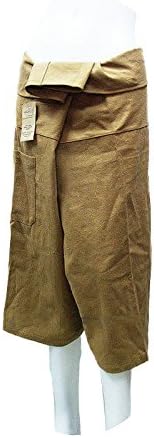 Brownish Khaki Yoga Massage Wrap Trousers Fisherman 3/4 Knee Height Pants Unique for Women & Men, Northern Thai Style