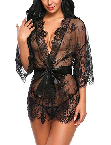 Avidlove-Damen-Dessous-Kimono-Kurz-Spitze-Kleid-Gown-Weiter-rmel-Transparente-Robe-Kurz-Mesh-Bikini-Cover-up-Spitze-Sommer-Bat-mit-Grtel-und-G-String