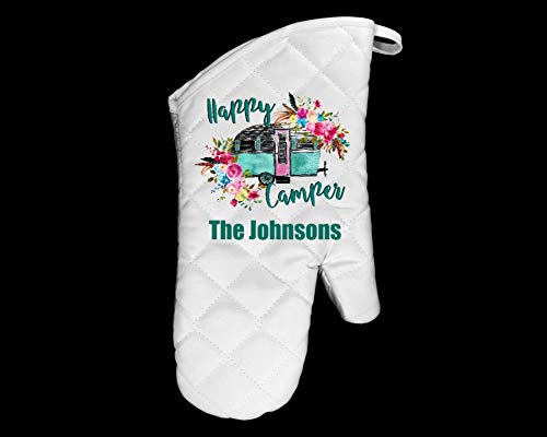 Happy Camper Oven Mitt Pot Holder Towel Gift Set Personalized, Gifts for Mom, Housewarming Gift, Hostess Gift, Wedding, Custom Kitchen Set