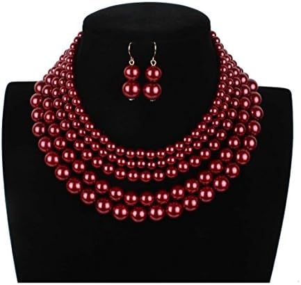 Lanue Women Elegant Jewelry Set Multi Strand 5 Layer Pearl Bead Cluster Collar Bib Choker Necklace and Earrings Suit