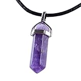 Natural Dark Amethyst Gemstone Hexagonal Pointed Reiki Chakra Pendant Genuine Leather Necklace 18