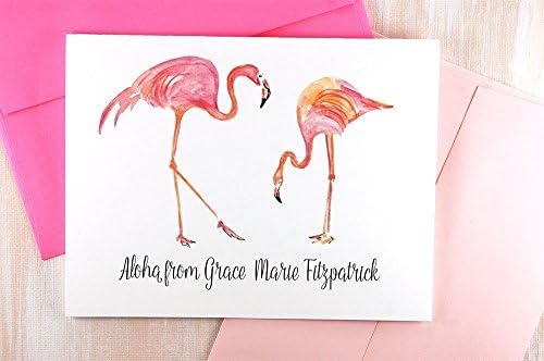 Pink Watercolor Flamingo Stationary Set, Personalized Stationery Set, Birthday Gift, Custom Stationery, Tropical Thank You Cards Set of 10 Folded Note Cards with coordinating envelopes.