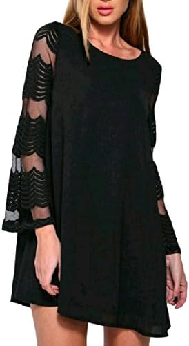 MirrorWomen Flare A Line Sexy Splicing Round Neck Long Sleeve See-Through Short Cocktail Dress Black L