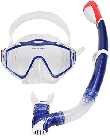 Diving Snorkel Set, Ravifun Dry Top Scuba Mask Combo Set with Tempered Glass Anti-Fog Goggles Purge Valve Snorkel For Diving, Snorkeling, Swimming, Blue