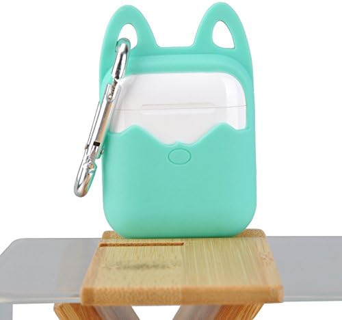 Kintie AirPods Case, Luckiefind cat ears designer Protective silicone case with Carabiner for airpods charging box, Mint Green
