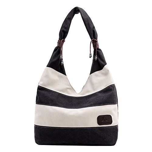 Ecokaki Women's Hobo Tote Bag Canvas Straped Bag Large Handbag Shopper Shoulder Bag Black - Thumbnail 6