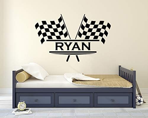 Personalized Name Flags Racing Wall Decal - Baby Room Decor - Nursery Wall Decals - Racing Wall Decor Mural Sticker (48" x 30")