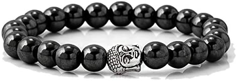 uWANTit® Natural Hematite Stone Bead Mens Bracelets or Bracelets for Woman Antique Silver Buddha Head Bangle