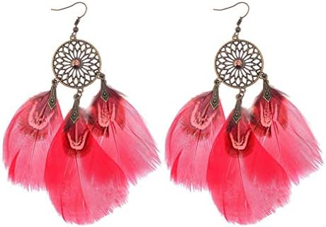 Boho Hollow Flower Dream Catcher Round Bead Feather Earrings