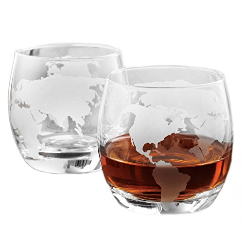 Etched Globe Whiskey Glasses - 12 Oz (350ml) 2 Pack