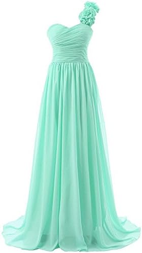 DianSheng Pleated Chiffon Evening Dress One Shoulder Prom Bridesmaid Gown with Flowers Mint us10