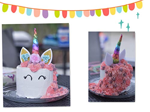Unicorn Cake Topper Handmade Iridescent Unicorn Horn Ears and Flowers Cake Decor(Rainbow Color) - Thumbnail 4