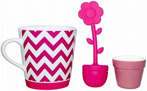 Tea Parties - Exceptional Tea Infuser 4 Pieces Set: Silicone Flower Infuser, Ceramic Flower Pot Holder, Ceramic Tea Mug, Built in Removable Silicone Coaster. Ideal for Loose Leaf Tea