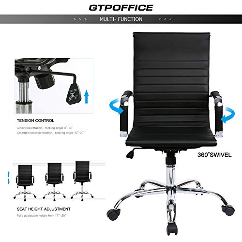 GTPOFFICE Modern Adjustable Ribbed Chair Mid Back Leather Task Desk Chair Swivel Ergonomic Executive Conference Task Chair Black,BIFMA Certified