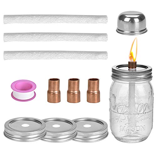 Browill [3 Pack] Mason Jar Table Top Torches Set, Oil Lamp with 3 Fiberglass Wicks, 3 Mason Jar Lids(2.75-inch), 3 Coupling Reducer, 1 Teflon Cap, for Tiki Torch Kits Outdoor Backyard Lighting Decor - Thumbnail 7