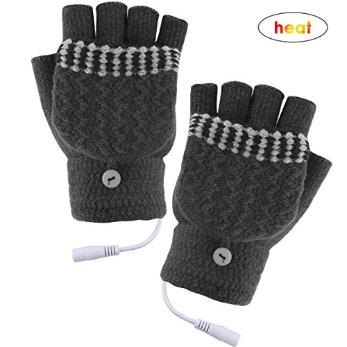 Unisex Women's & Men's USB Heated Gloves Mitten Winter Hands Warm Laptop Gloves,Yinuoday Full & Half Heated Fingerless Heating Knitting Hands Warmer Washable Design (Men Grey) - Thumbnail 2