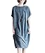 ellazhu Women Short Sleeves Linen Cotton Solid Loose Dress GA1141 Grey