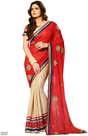 Lovely Red and Beige Art silk and chiffon saree with Blouse piece