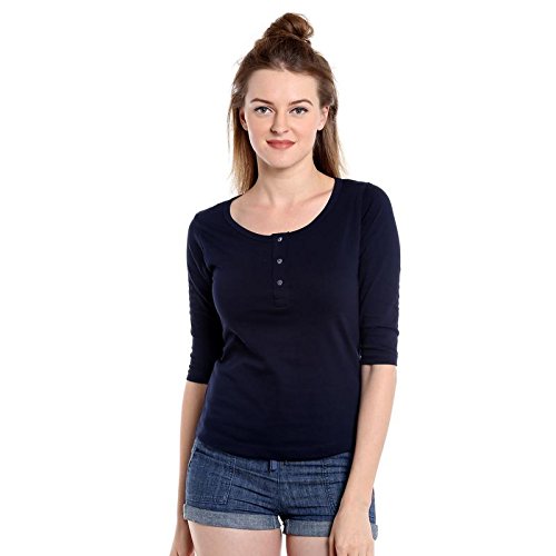 the dry state women's cotton navy blue henley 3/4 sleeves tshirt
