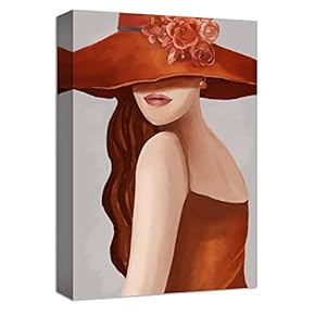 Canvas Wall Art Fashion Woman in Wide Cap RedPainting Artwork for Home Decor Framed - 12x18 inches