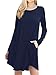 POSESHE Women's Long Sleeve O-Neck Casual Loose Fit T-Shirt Dress Navy Blue S
