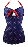 Cocoship 50s Retro Polka Dot Black Navy BLue Vintage One Piece Monokinis Halter Swimsuit(FBA)