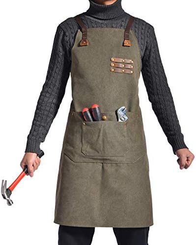 Canvas Shop Apron for Men & Women| Heavy Duty Work Apron with Pocket & Cross-Back Straps | Adjustable Tool Apron M to XXL (Army Green)