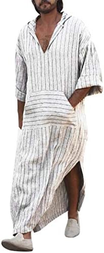 Joint Mens Robes Long, Male Long Sleeve Dress Shirt -Striped Blouse Hooded Vintage Caftan Kaftan